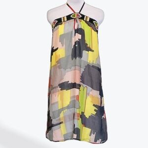 Chelsea Flower Womens Silk Halter Mini Dress Abstract Beaded Multi Color Size M